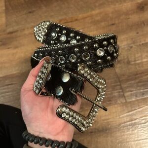 Black cowhide western belt with rhinestones